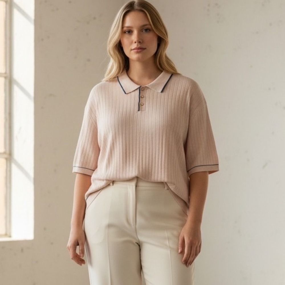 The Commons 3XL‎ Ribbed Contrast Stitch Sweater Polo Cream Light Pink Cotton NEW